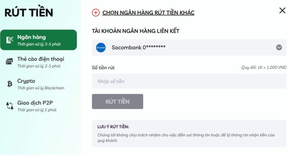 Hướng dẫn rút tiền qua ngân hàng - Rút tiền MIN88 nhanh chóng